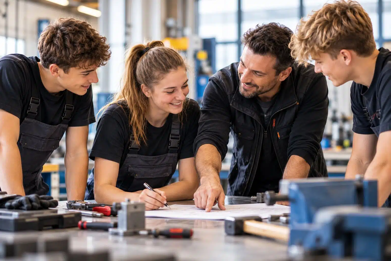 Ausbilder bespricht mit drei Lehrlingen einen Plan an der Werkbank