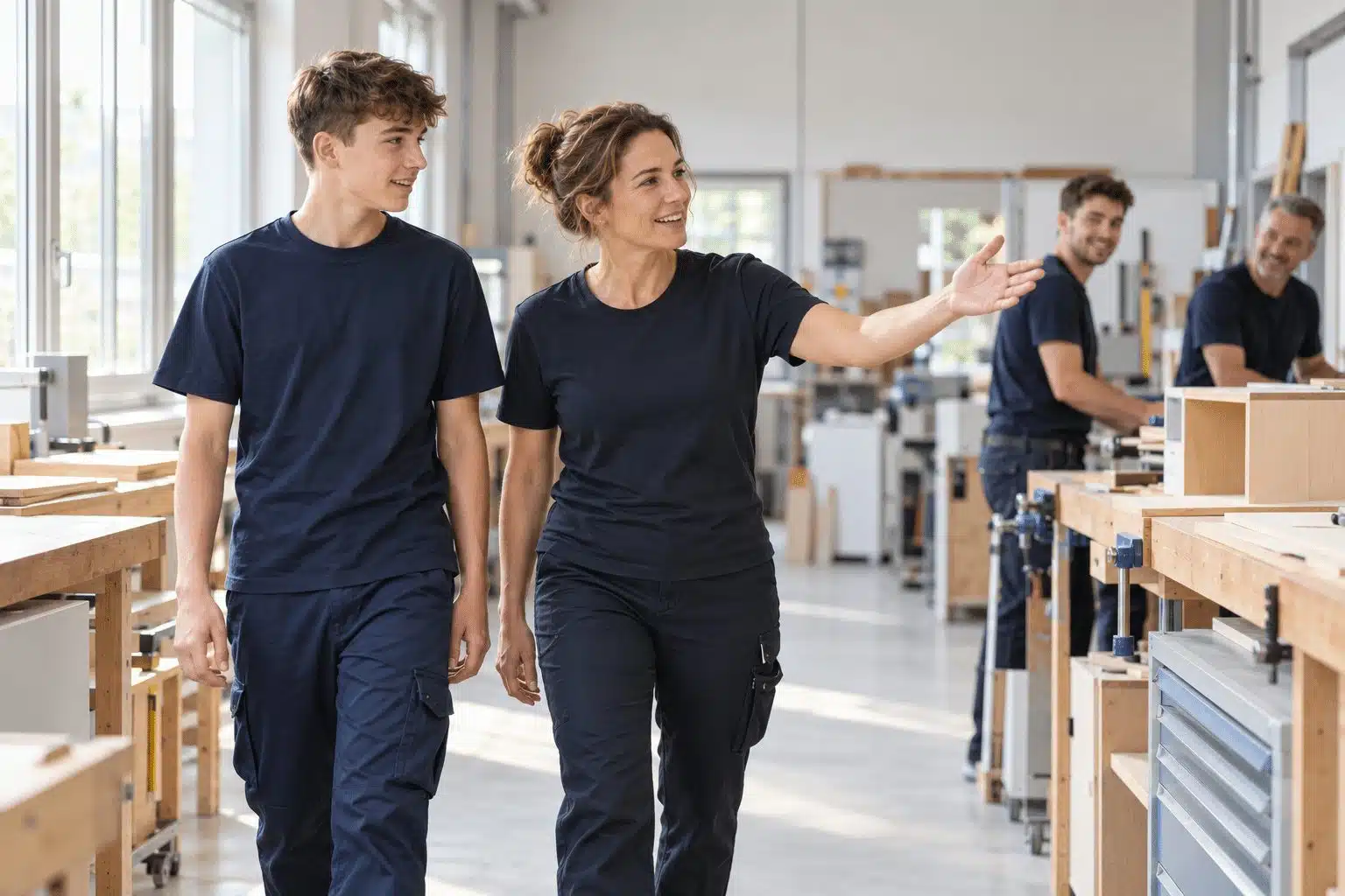 Eine Ausbilderin zeigt einem neuen Lehrling die helle Tischlerwerkstatt, im Hintergrund lächeln zwei Kollegen an der Werkbank.